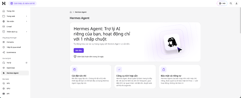 Giao diện cài đặt 1-Click Hermes Agent trên Hostinger hPanel
