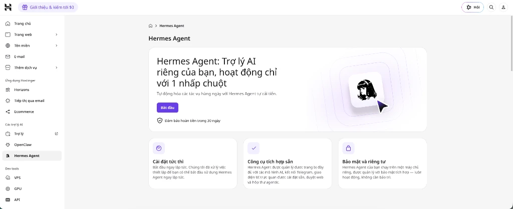 1-Click Hermes Agent setup interface on Hostinger hPanel | Toi La Tung, toilatung, Nguyen Thanh Tung