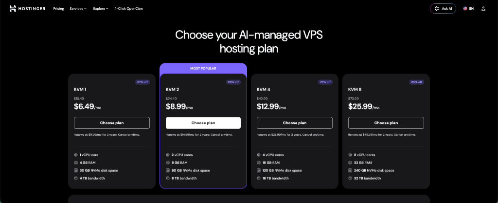 Bảng chọn gói Hostinger KVM VPS